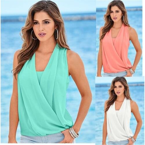 Good Quality Chiffon Tops Women Summer Chiffon Tanks Solid V-Neck Sleeveless Causal Halter White Lady Tank Tops Europe Style