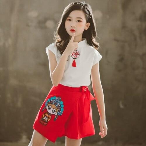 Chinese Traditional Clothes Set Cotton Tshirt+Red Skirt Suit For Girls Kids Tang Outfits Teenage Clothing 4 7 9 11 12 14 Years