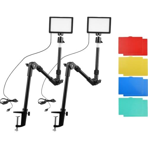 USB Video Conference Lighting Kit LED Video Lights 3200K-5600K Dimmable with Foldable Desk Mount Light Stands for Live Streaming