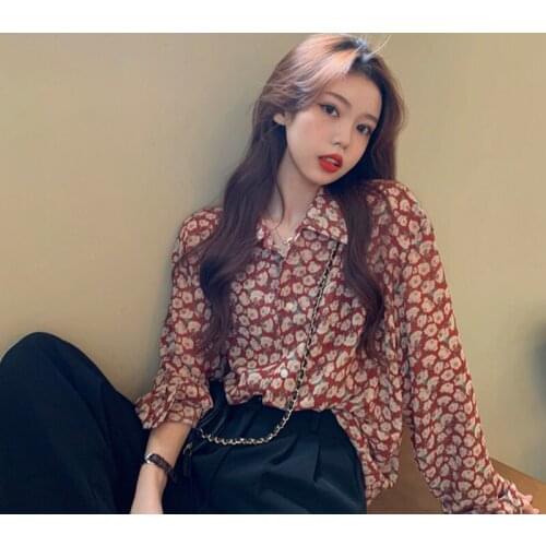 French Style Vintage Floral Shirt Womens New 2021spring Loose Design Niche Chiffon Top Fashionable