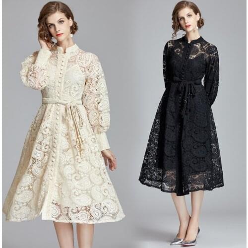 2021 Spring New Stand Collar Lantern Long Sleeve Vintage Lace A-Line Dress Chic High Waist Single-Breasted Mid-Calf Dress