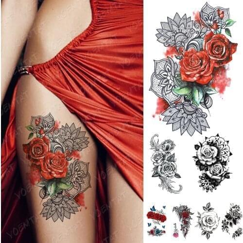 Waterproof Temporary Tattoo Sticker Red Lace Rose Butterfly Flash Tattoos Mandala Henna Body Art Arm Fake Tatoo Women Men