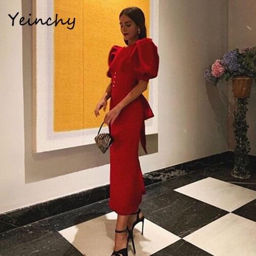 Yeinchy ladies O neck backless Women bow Dresses Elegant short Sleeve bodycon split Party Dresses FM6188