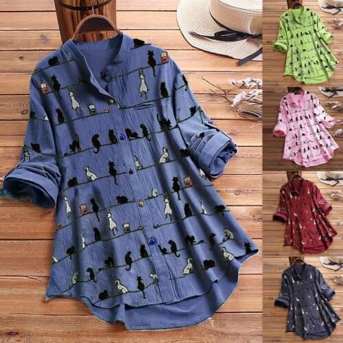 Women T-shirt V-neck Many Cats Printed Long Sleeve Casual Top Solid Color Personalized Printing Girls Fashion All-match T-Shirt