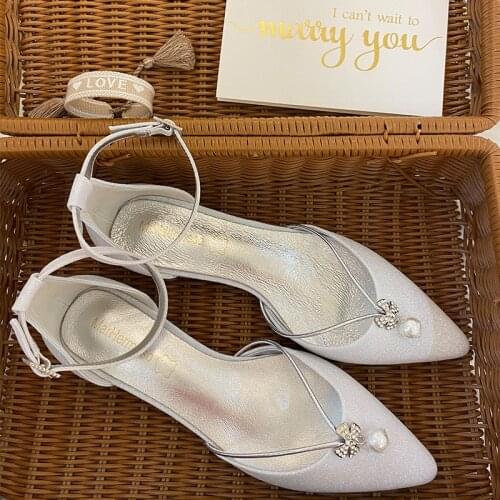 Womens Flats Pointed Toe Ivory Glitter Bridal Wedding Shoes Ankle Strap Evening Party Ballerinas Low-Heeled Casual