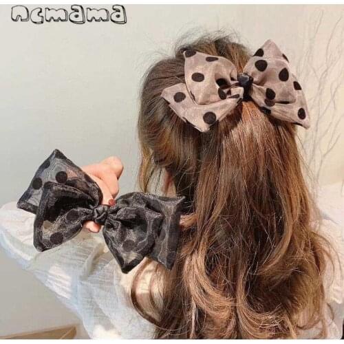 Ncmama Handmade Organza Bows Elastic Hair Bands Dots Hair Bow Clips Ties Barrettes Hairpin for Women Girls Hair Rope Accessories