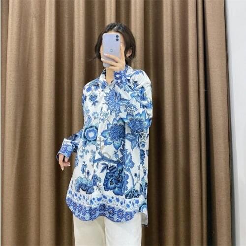 Baldauren Womens 2021 Fashion Blue and White Porcelain Printed Shirt Retro Long Sleeve Buttoned Blouse Blusas Streetwear