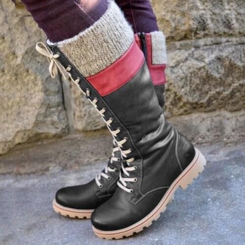 Women Middle Calf Boots Low Thick Heel Winter Vintage PU Leather Lace up Booties Shoes -OPK