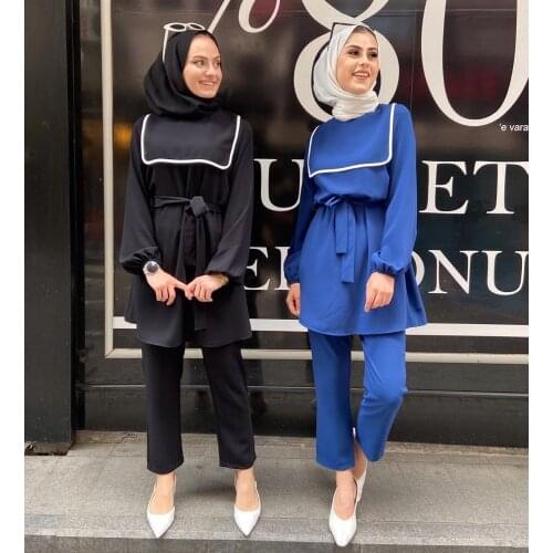 2 Pieces Dubai Muslim sets hit color tops + pant suits female kaftan Oman Turkish Hijab Muslim islamic dress ramadan ropa F1697
