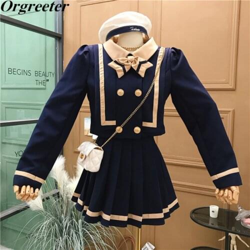 Navy Style Crop Top Mini Skirt Two piece set Women 2021 Fall Winter New Casual Sailor collar Bow Jacket Coat +Mini Skirt Suits