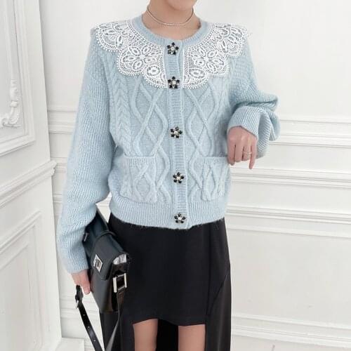 Lace Sweater Womens Single Breasted O-neck Crystal Buttons Knitwear Cardigan with Pockets