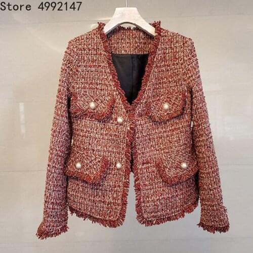 2020 Autumn winter women elegant tassel v-neck tweed coats female OL formal work wine red slim short weave jackets Y722