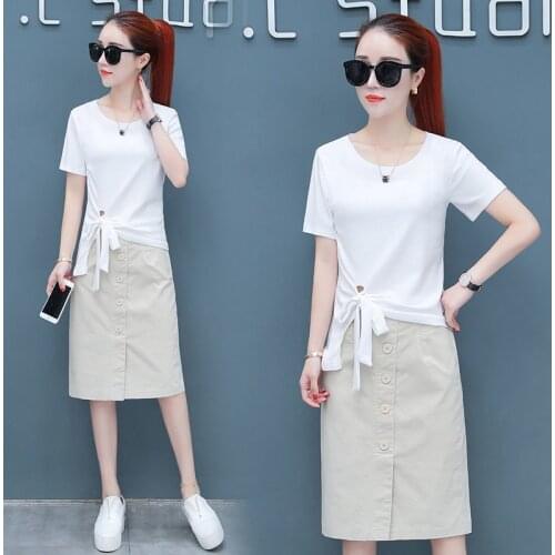 2021 Summer Womens Short Sleeve Tops and Midi Skirt Women Suit Set Casual Vintage Office Ladies 2piece Skirts Suits Sets Y627