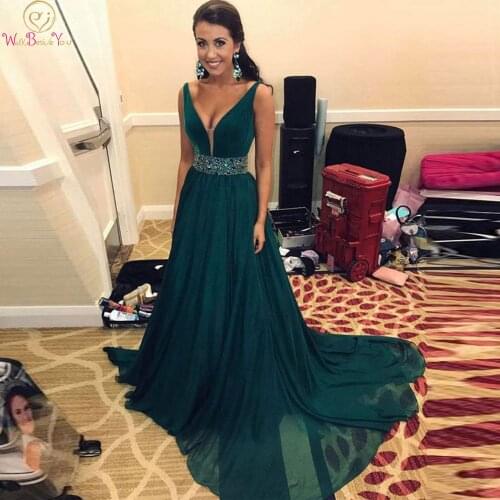 Green A-Line Formal Party A-Line Evening Dresses With Crystal Beading Belt Elegant Prom Gowns abendkleider 2020 robe de soiree