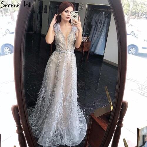 Serene Hill Silver Nude Luxury Evening Dress 2021 Feathers Beading Sexy A-Line Women Formal Party Wear Gown CLA70835