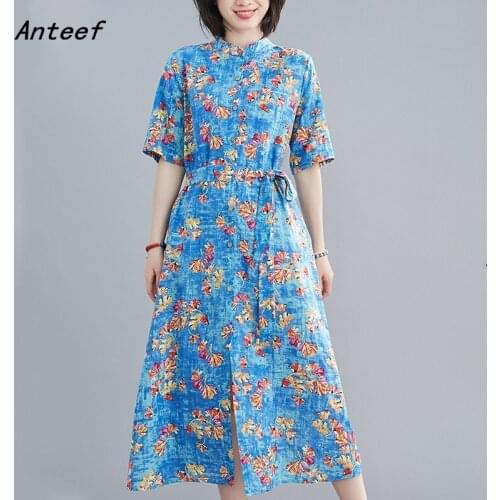 Short sleeve plus size cotton vintage floral dresses for women casual loose long woman summer shirt dress elegant clothes 2021