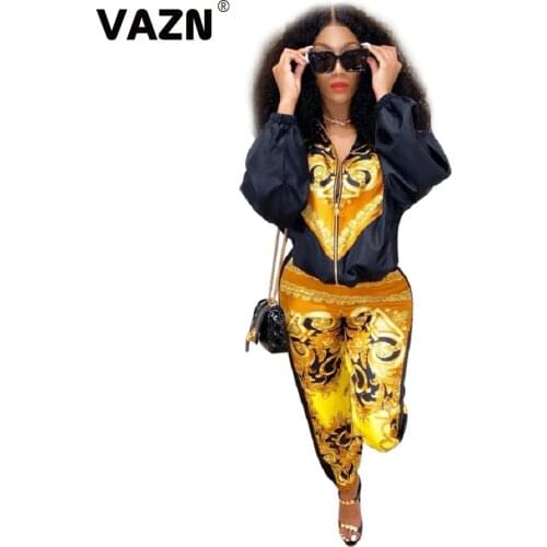 VAZN 2020 Soft Comfortable Women Yellow Color Print Loose Set Gym Clothing Sport Suit Women Full Sleeve Tracksuit