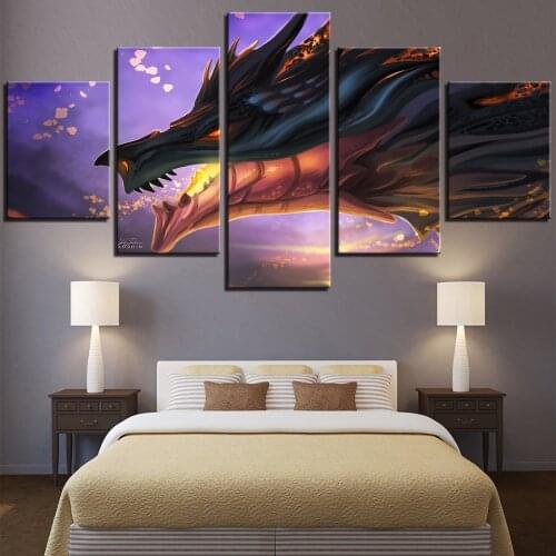 5 Pieces Dragon Canvas Oil Painting Cartoon Posters Fire and Purple Background Pictures For Home Decor Animal Wallpapers