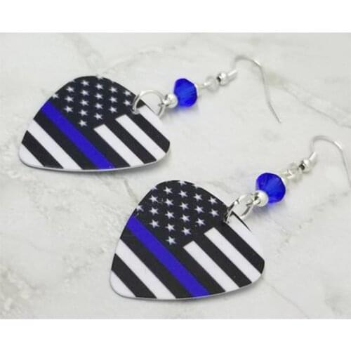 American Flag Earrings with Blue Line Police Support Guitar Pick Earrings with Blue Crystals bicone