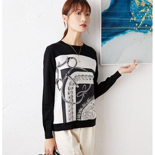 Blouse Women Casual Style Printed Silk Patchwork Fabric Simple O Neck Knitted Long Sleeves Hem Top New Fashion
