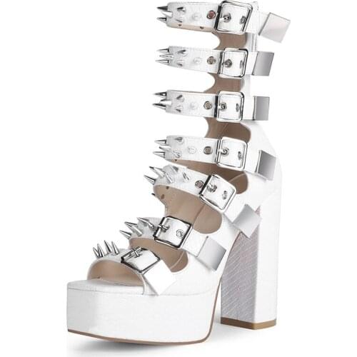 Rock Style Metal Rivets Strap Buckled Sandals Boots Platform Chunky Heel Summer Hollow Out Ankle Boots High Heel Spikes Booties