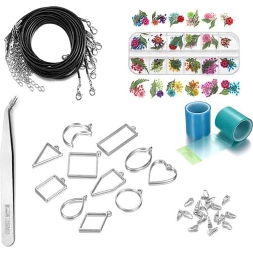 Natural Real Dried Flower Open Bezel Charms Geometric Frame Pendant Tweezer Keychain Set Epoxy Resin Casting Molds Filling AXYD