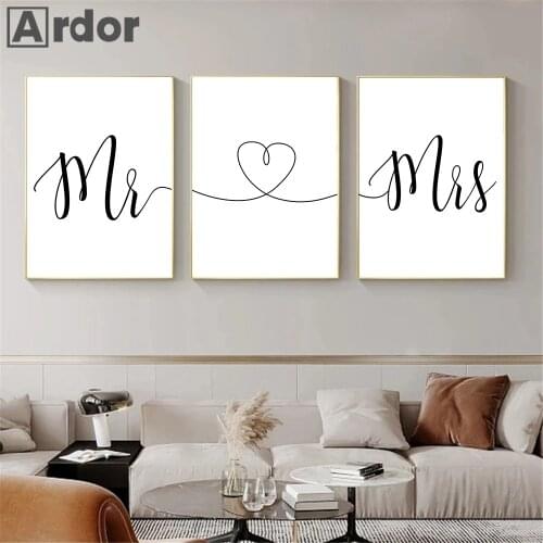 Black White Love Phrase Mr & Mrs Canvas Painting Quotes Poster And Print Wall Art Pictures Modern Living Room Home Decoration