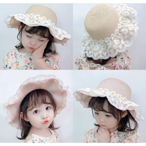2021 Children Sunflowers Lace Sun Cap Straw Hats For Women Toddler Kids Princess Summer Sunscreen Beach Cap Sombreros De Mujer