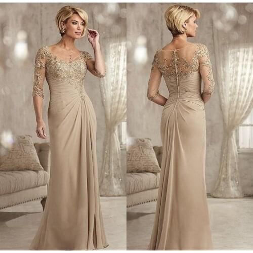 Elegant Champagne Mother of The Bride Dresses 2021 Plus Size Long Chiffon Half Sleeves Groom Mother Evening Dress For Wedding