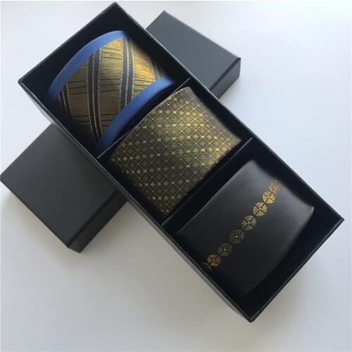 3 Pieces Men Fashion Casual Necktie Set Luxury Gold Color with Personality Pattern Woven Ties in Beautiful Gift Box