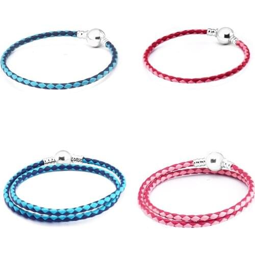 GPY Bracelet Mixed Blue&Pink Woven Double Leather Bracelets Women Pulseira Hombre Masculina Pulseras Silver 925 Sterling jewelry