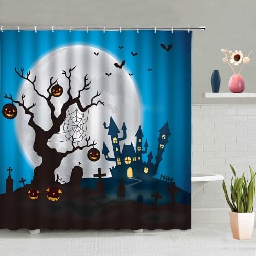 Halloween Pumpkin Castle Shower Curtain Party Background Poster Bathroom Decoration Bath Curtain Washable With Hook Home Screen