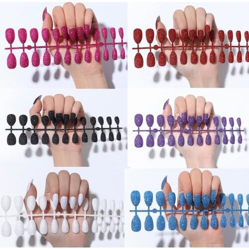 24pcs Frosted Metal Color Glitter Fake Nails Red Purple False Nail Art Tips Coffin Stick Designs Full Cover Artificial Sharp