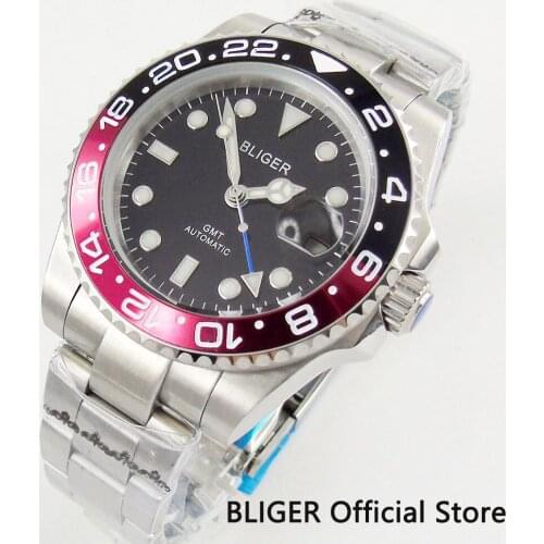 Soild BLIGER Mechanical Watch 43MM Black Dial Rotating Bezel Luminous GMT Function Sapphire Crystal Automatic Movement Mens Watch