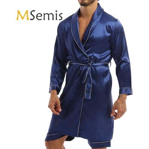 MSemis Bathrobe Men Silky Satin V Neck Long Sleeves Nightgown Kimono Robe Loungewear Sleepwear Pajama Male Casual Home Wear