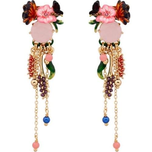 The new sweet Monet garden series pink enamel flower tassel long earringsStud earrings female ear clips without pierced earrings