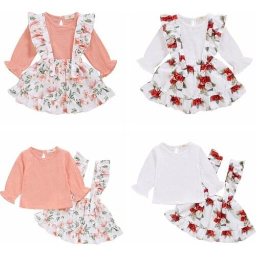 Autumn Baby Girl Long Sleeve Solid Color T-shirt Blouse Floral Strap Skirts Casual Outfits Set