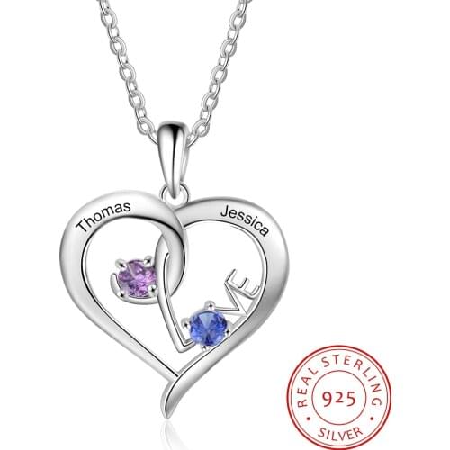 Personalized 925 Sterling Sliver Necklace Customized Names Birthstones Heart with “LOVE” Pendant Promised Jewelry Gfit for Women