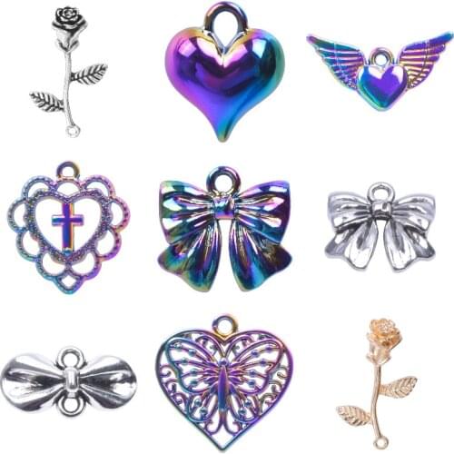 10Pcs Bowknot Heart Love Cross Charms Rose Flower Pendant For Bracelet Necklaces Women Valentines Day Gift Jewelry Accessories
