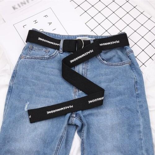 Women Men Letter Printed Belt Long Canvas D Ring Buckle Waist Strap Female Student Jeans Trouser Harajuku Black Waistband