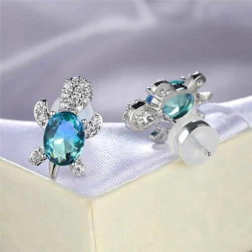 Luxury Female Rainbow Oval Crystal Earrings Vintage Silver Color Wedding Earrings For Women Boho Turtle Small Stud Earrings