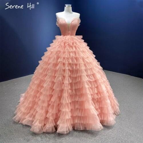 Serene Hill Meat Pink Sexy Wedding Dresses 2021 Ruffles Tiered Lace Up Bridal Gowns HM67033B Custom Made
