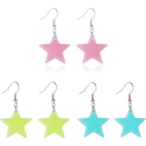 Cute Candy Color Star Earrings Ladies Resin Fluorescent Multicolored Stars Short Drop Earrings Personality Fashion Kids Gift New