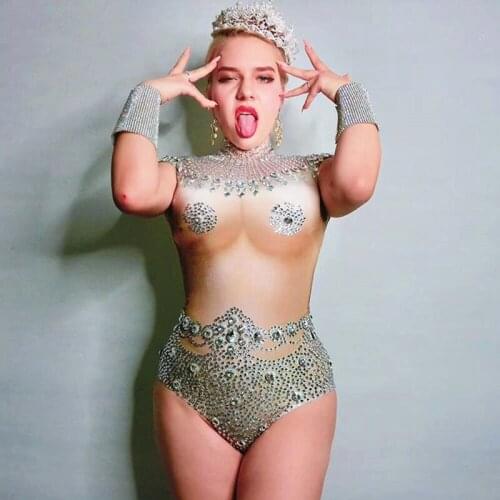 Stretch Nude Crystals Leotard Women Sexy Stage Dance Costume Female Singer Bling Tassels Leotard Performance Dance Wear DN1177