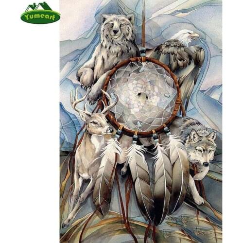 YUMEART DIY 5D Diamond Painting Feather Dream Catcher Full Square Drill Wolf Feather Embroidery Cross Stitch Wall Art Home Decor