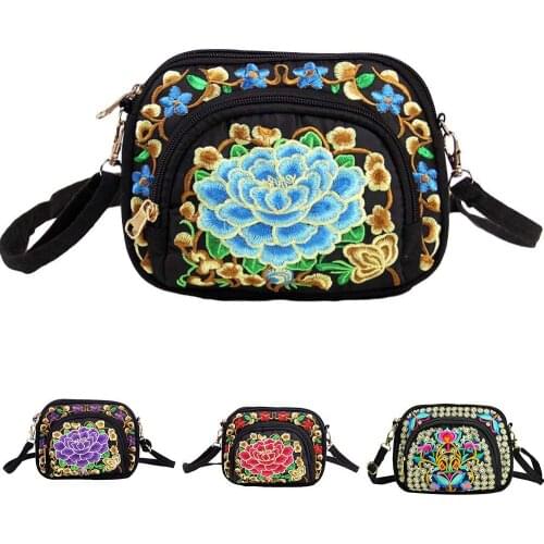 Women Ethnic Flower Embroidery Mini Canvas Shoulder Crossbody Bag Phone Holder
