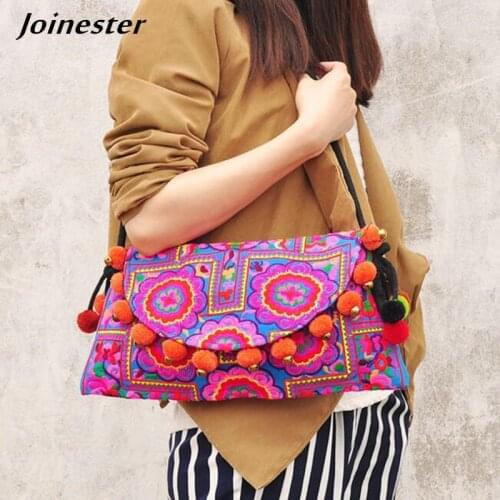 Womens Clutch Embroidery Bag Ethnic Vintage Handbags with Pom Pom for Woman Shoulder Bags Boho Handbag for Ladies Retro Purse