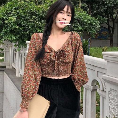 Womens V Neck Floral Print Blouses Fashion Sexy Slim Exposed Navel Long Sleeve Chiffon Shirt Blouses