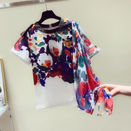 Printed Irregular Patchwork Women T-shirts 2021 Summer New O-neck Short-sleeved Loose Lady Elegant Pulls Tops Tees