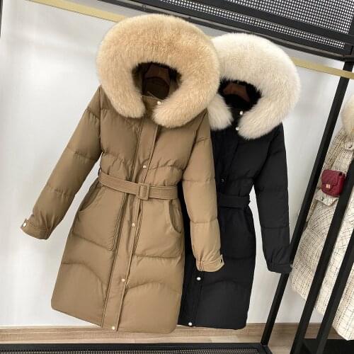 2021 Women 90% White Duck Down Coat Large Real Fox Fur Long Down Jacket Hooded Thick Parkas Female Overcoat With Belt